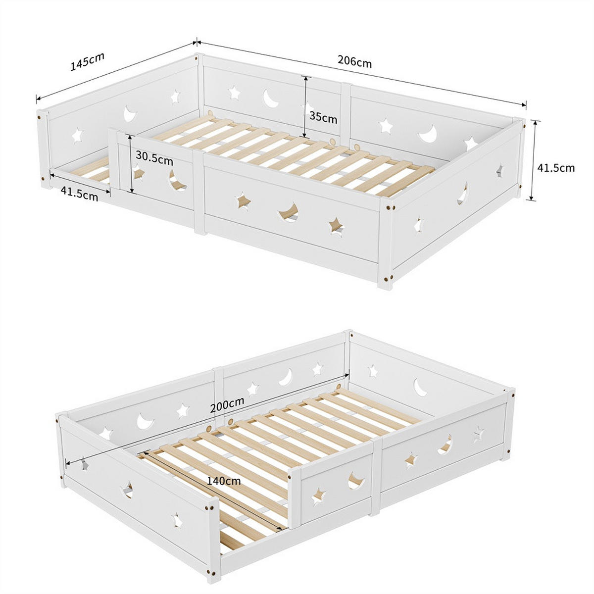 KINDERBETT 140x200 cm - Bodenbett mit Rausfallschutz - mit Sternen- und Mondmotiven - ohne Matratze - Weiß - Weiß, Holz (140/200cm) - DELFA