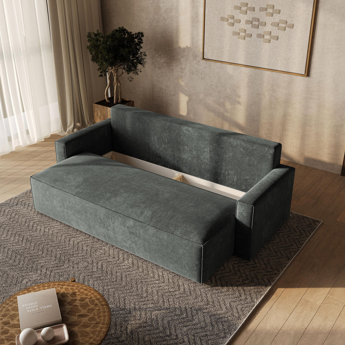 BETTSOFA MENI LM Grau Chenille-Stoff mit Schlaffunktion - Grau, Textil (232/85/87cm) - MASSENO