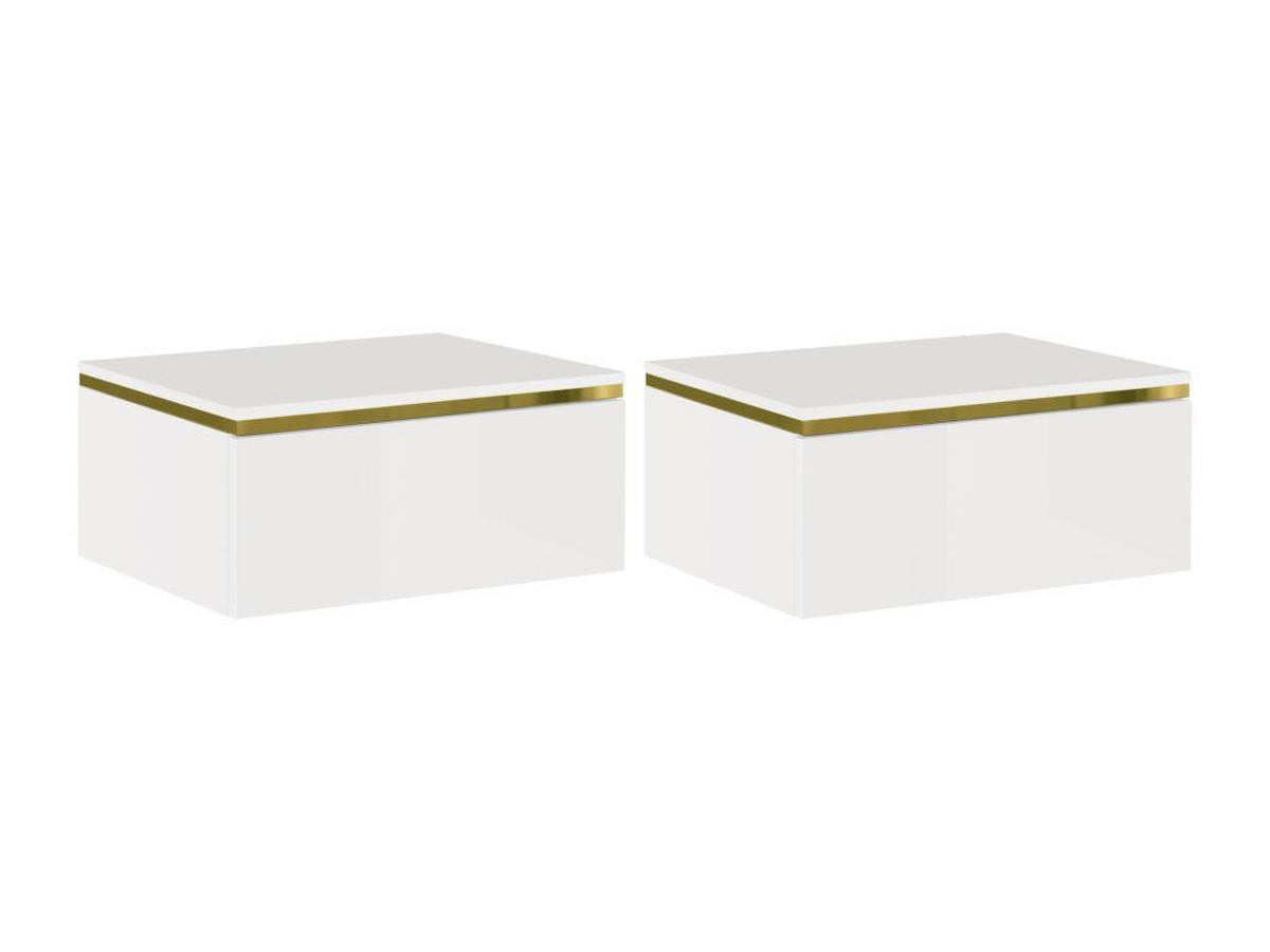 2ER-SET hängende Nachttische mit 1 Schublade - Hochglanz Weiß & Gold - VUKIA - Weiß, Holz (38.2/19.8/48.5cm) - Pascal Morabito