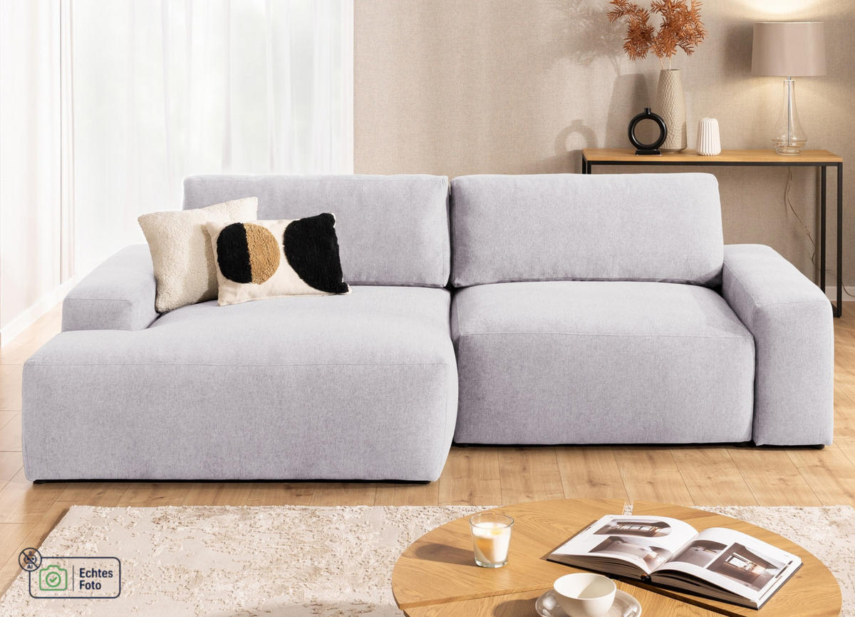 ECKSOFA Lennon aus Greige Strukturstoff mit Schlaffunktion und Bettkasten - Greige/Schwarz, Holz/Kunststoff (137/264cm) - S-Style