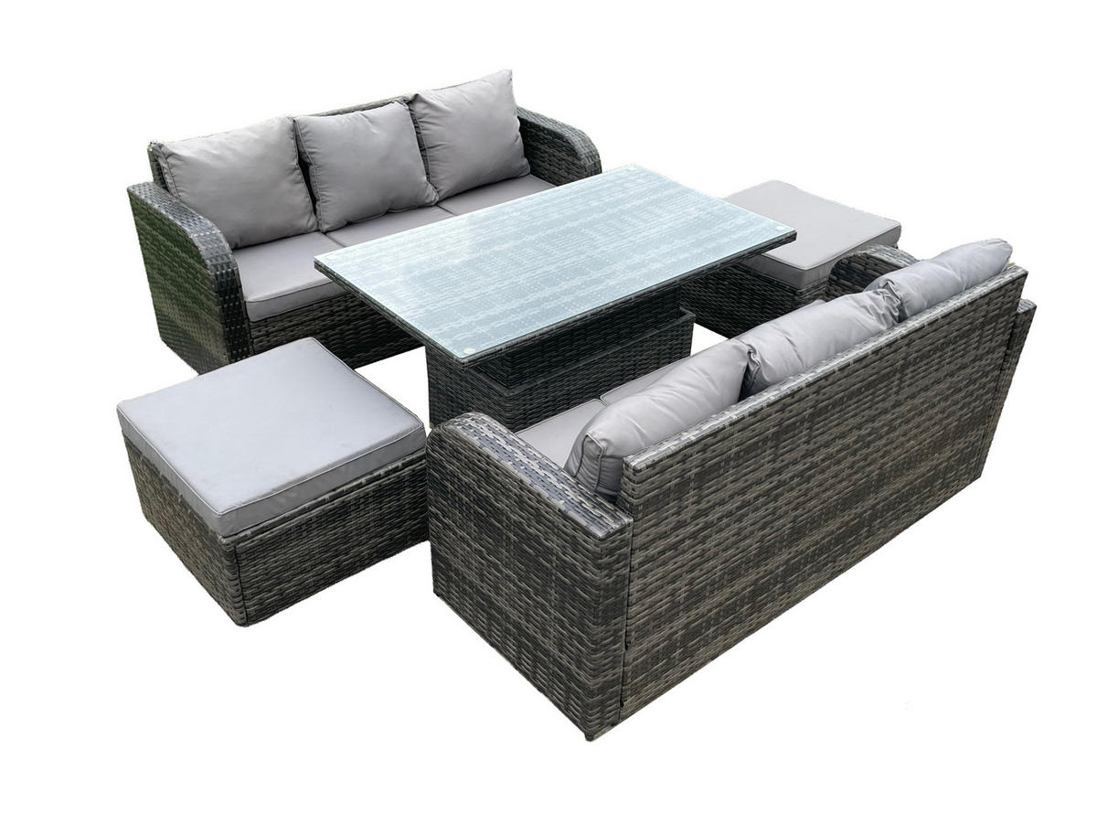 GARTENTISCHGRUPPE Polyrattan 8-Sitzer - Dunkelgrau/Grau, Glas/Kunststoff - Fimous
