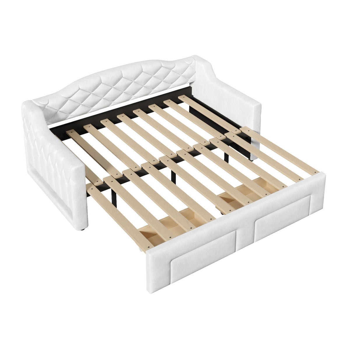 DENNÁ posteľ 90/200 cm biela rozkladacia na 180/200 cm s LED a zásuvkami z MDF, preglejky a zamatu - biela, textil (90/200cm) - OKWISH