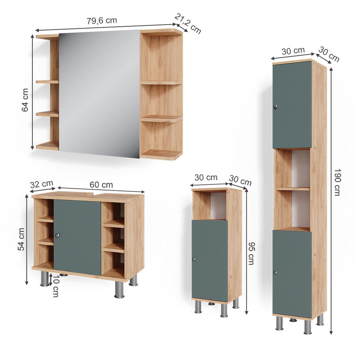 BADMÖBEL-SET Fynn Grün 4 Teile - Eiche Wotan/Grün, Holzwerkstoff (60/54/32cm) - Vicco