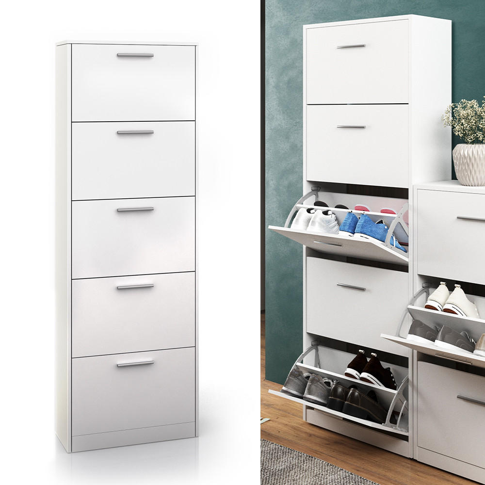 Thumbnail - Vicco Schuhkipper, Weiß, Holzwerkstoff, 5 Fächer, 5 Schubladen, Rechteckig, 59x169.5x22 cm, Garderobe, Schuhaufbewahrung...