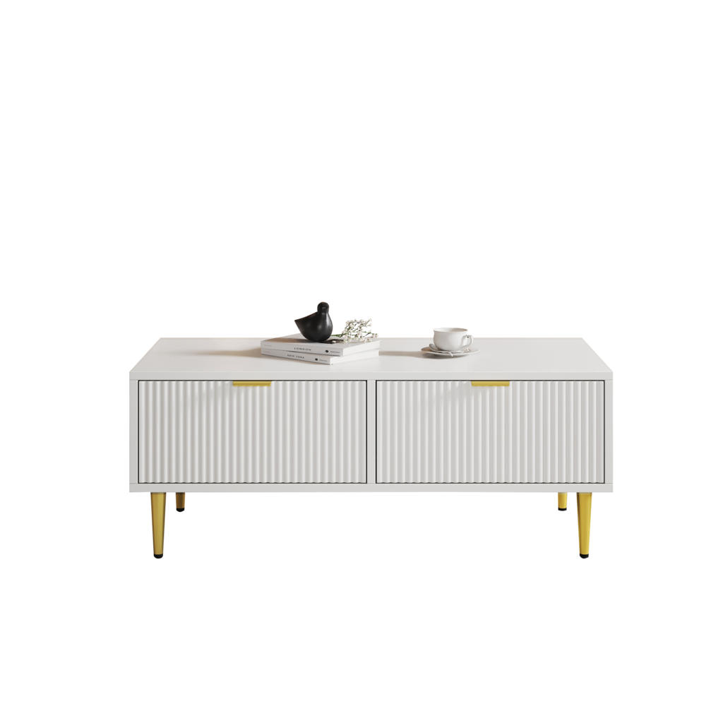Modfu KONFERENČNÍ stolek z MDF 100x50x40 cm bílá/zlatá se 2 zásuvkami a spodní odkládací policí