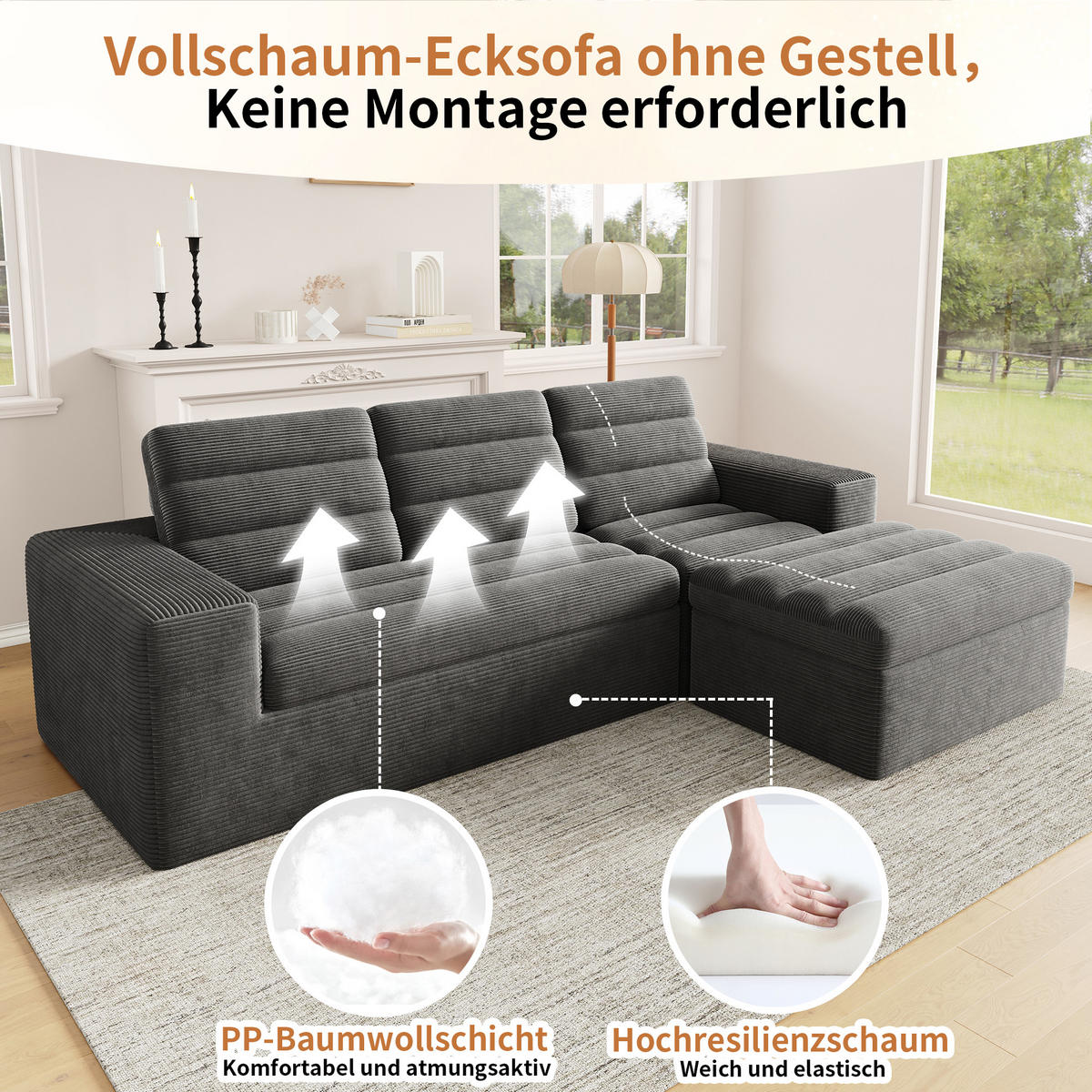 ECKSOFA 253/161/89 cm Dunkelgrau mit 1 Fußhocker - Dunkelgrau, Textil (253/161cm) - Oxeza