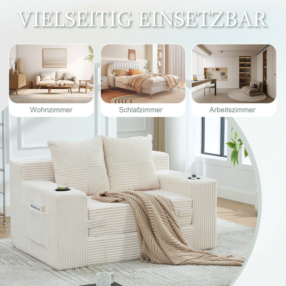 1,5-SITZER ausklappbar, Getränkehalter/Seitentasche, Cord, Beige - Beige, Textil (133/64/87cm) - LVHOM