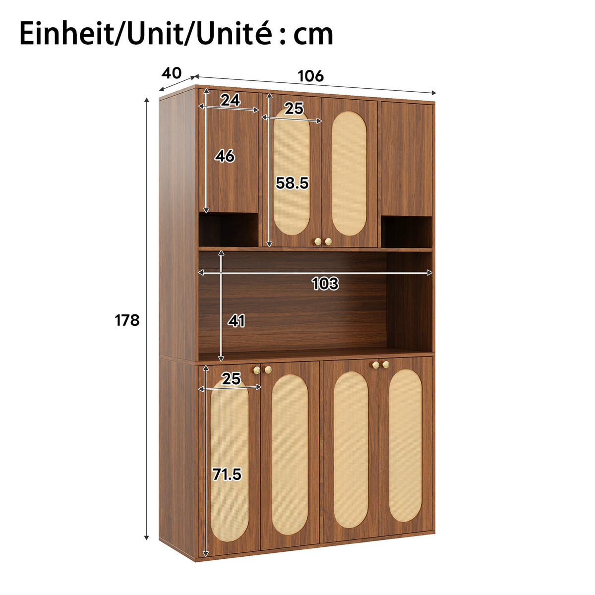 BUFFET Hoch mit PE-Rattan, LED-Beleuchtung und großem Stauraum - Nussbaumfarben, Holzwerkstoff (40/178/106cm) - Korfee
