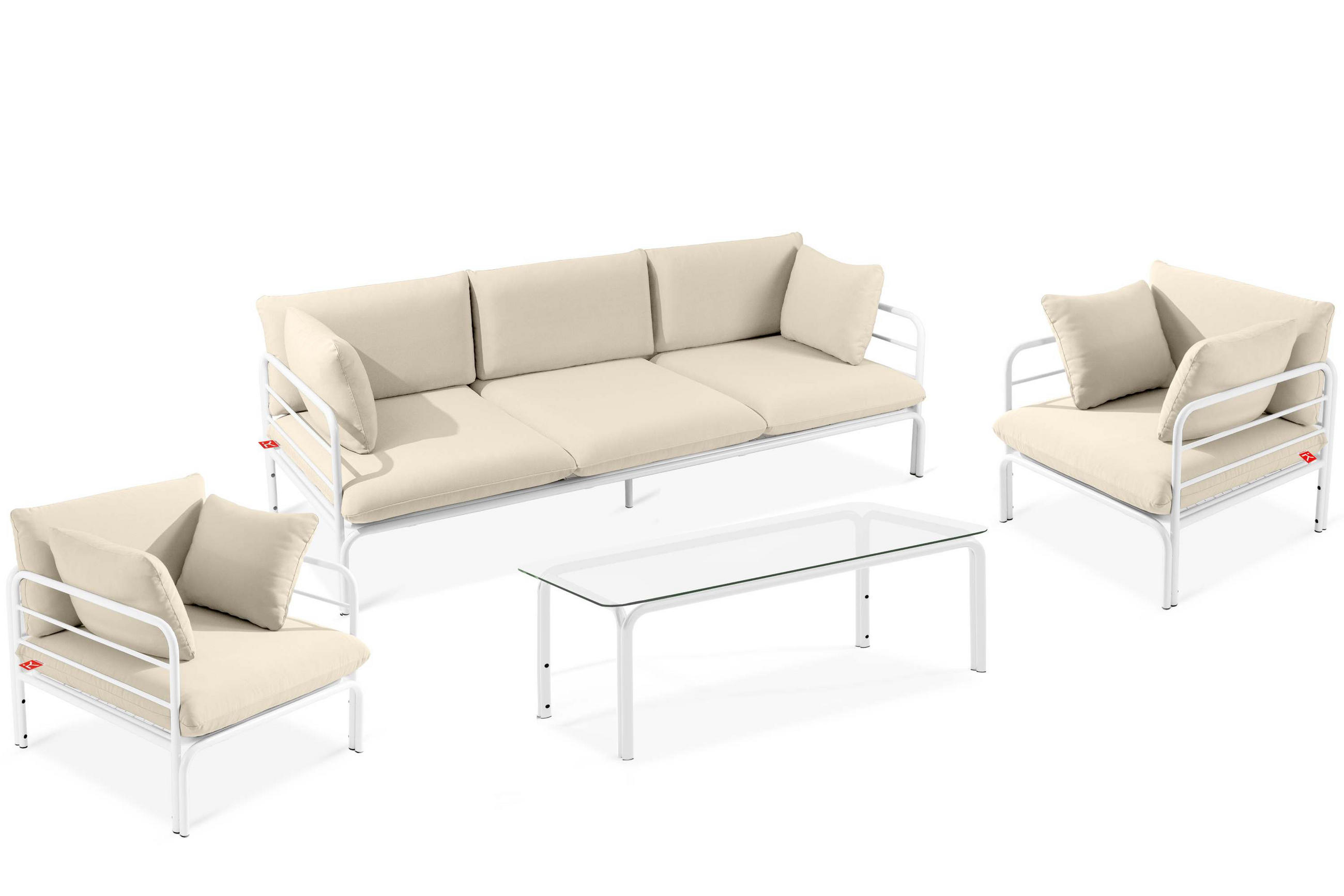 GARTENMÖBELSET RAMBE 4-tlg. 1x Tisch 2x Sessel 1x Sofa 3-Sitzer, mit Auflage, Stahlrahmen, LOFT-STIL, Weiß/Cremeweiß - Creme/Weiß, Textil/Metall - KONSIMO®
