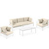 GARTENMÖBELSET RAMBE 4-tlg. 1x Tisch 2x Sessel 1x Sofa 3-Sitzer, mit Auflage, Stahlrahmen, LOFT-STIL, Weiß/Cremeweiß - Creme/Weiß, Textil/Metall - KONSIMO®
