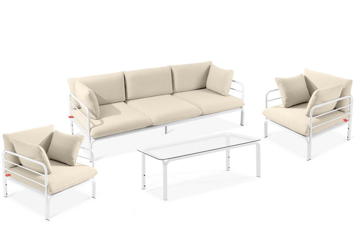 GARTENMÖBELSET RAMBE 4-tlg. 1x Tisch 2x Sessel 1x Sofa 3-Sitzer, mit Auflage, Stahlrahmen, LOFT-STIL, Weiß/Cremeweiß - Creme/Weiß, Textil/Metall - KONSIMO®