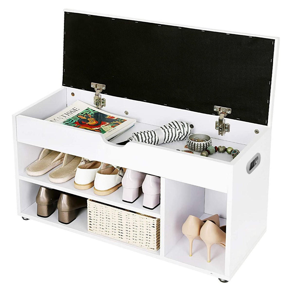 SCHUHBANK 3 Fächer und 1 Truhe mit bequemer Sitzfläche - H44 cm - Weiß, Holzwerkstoff (30/44/80cm) - Calicosy