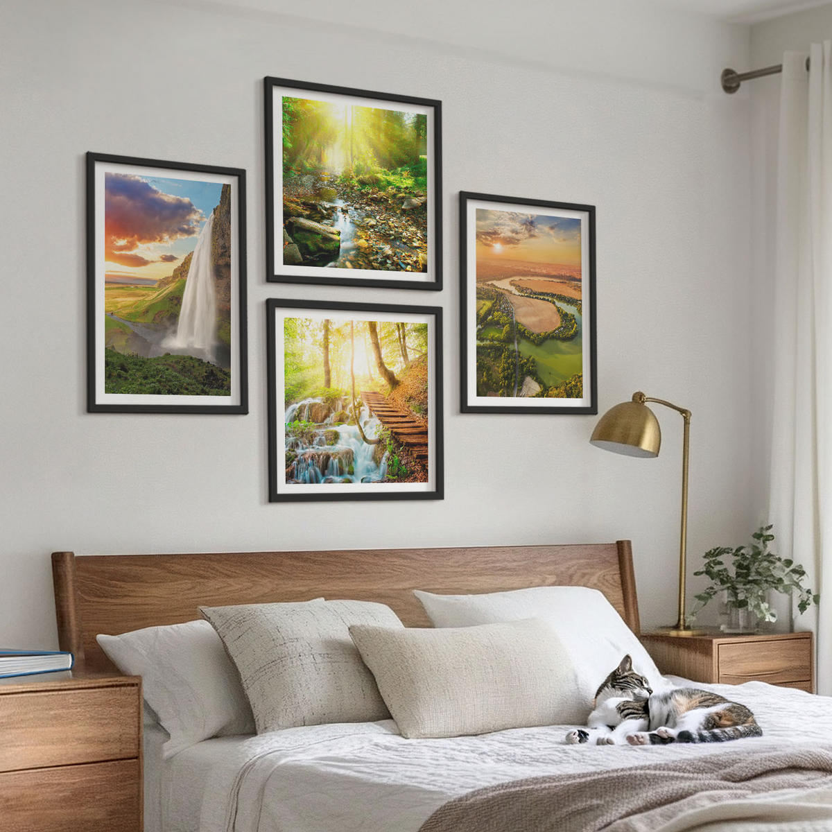 WANDBILDER 4er-Set - 50x50 cm & 40x60 cm Schwarzer Rahmen - Orange Mountain Wasserfall - Schwarz, Kunststoff (50/50cm) - ArtPrintCave