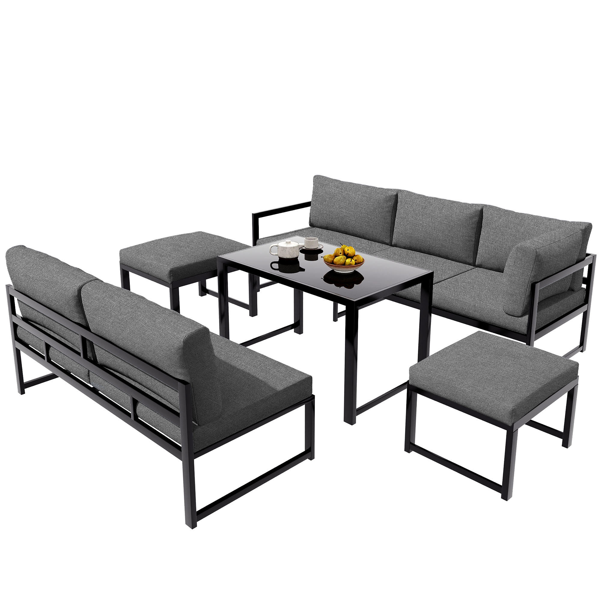 GARTEN-LOUNGE-SET Aluminium mit verstellbarer Rückenlehne, Tisch & Hocker, 199/60/66 cm, Schwarz/Grau - Grau, Metall - Redom