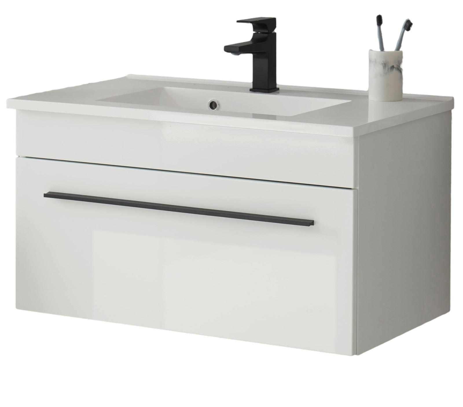 WASCHBECKENUNTERSCHRANK Waschbecken weiß Hochglanz, Waschtisch Set hängend, 80 x 43 cm - Weiß Hochglanz/Schwarz, Holzwerkstoff/Kunststoff (80/45/47cm) - Furn.Design