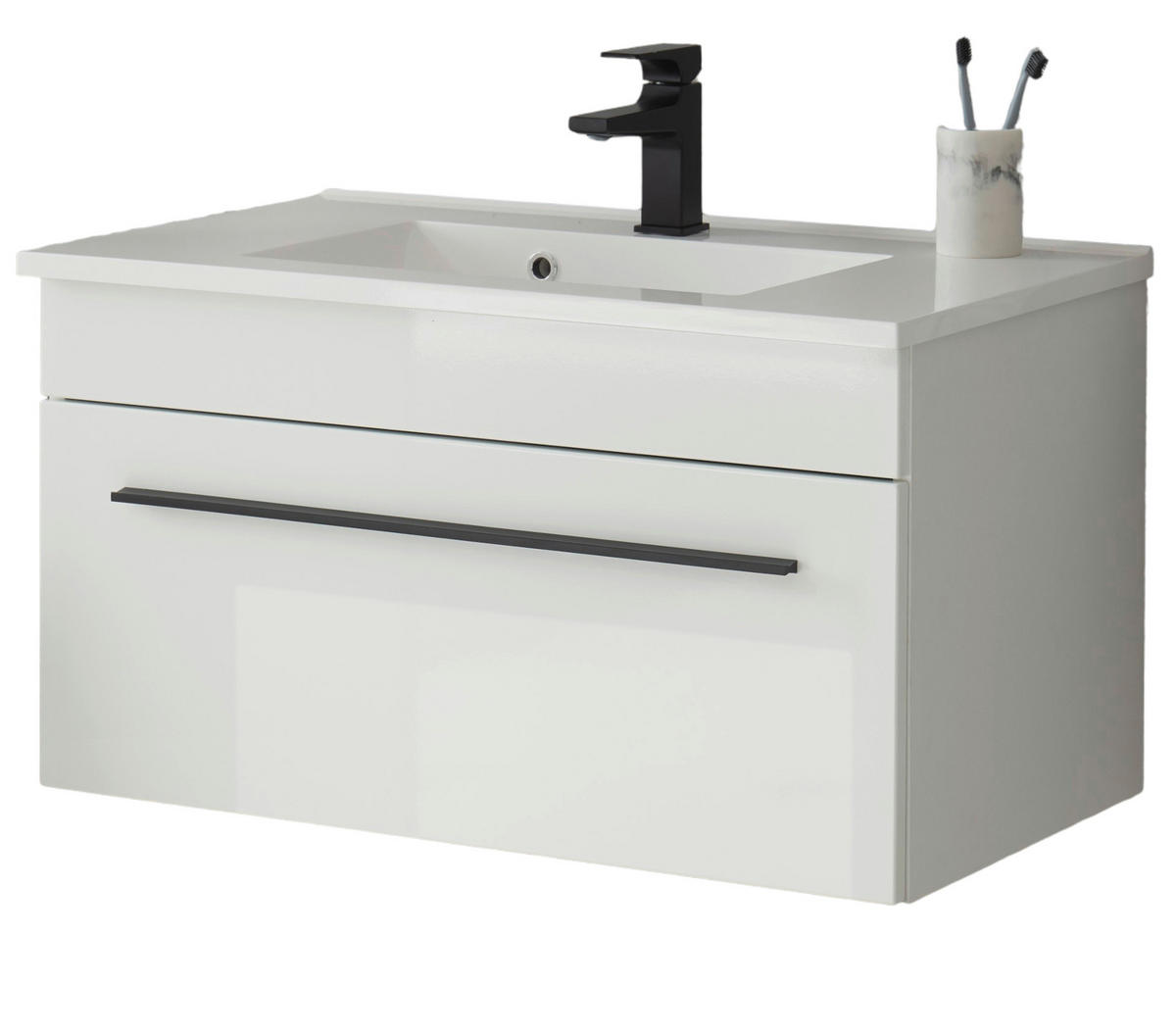 WASCHBECKENUNTERSCHRANK Waschbecken weiß Hochglanz, Waschtisch Set hängend, 80 x 43 cm - Weiß Hochglanz/Schwarz, Holzwerkstoff/Kunststoff (80/45/47cm) - Furn.Design