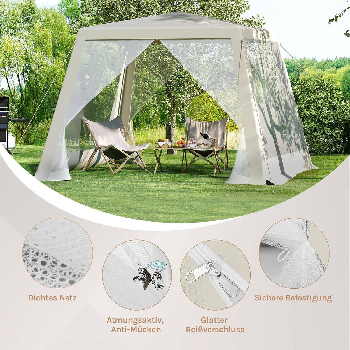 PAVILLON 3x3 m, Gartenpavillon mit Seitenwänden Moskitonetz - Beige, Metall (300/250/300cm) - Woltu