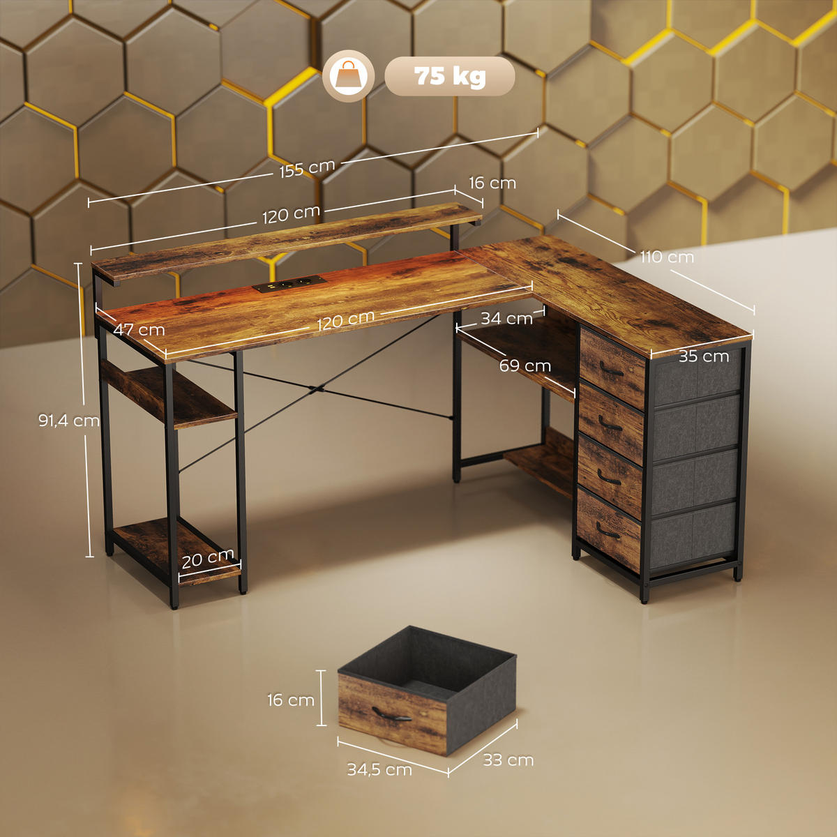 GAMING TISCH aus Spanplatte Stahl Rustikal-Braun - Schwarz/Braun, Holzwerkstoff/Textil (155/110/91.4cm) - HOMCOM