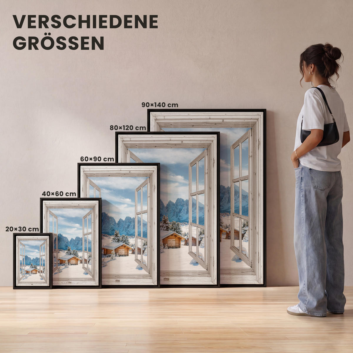 LEINWAND Bilder mit Rahmen - Winterlandschaft - Hütte - Berge - Ausblicke - Aussicht - Natur - 80x120 - Weiß Hochglanz, Textil (80/120cm) - MuchoWow