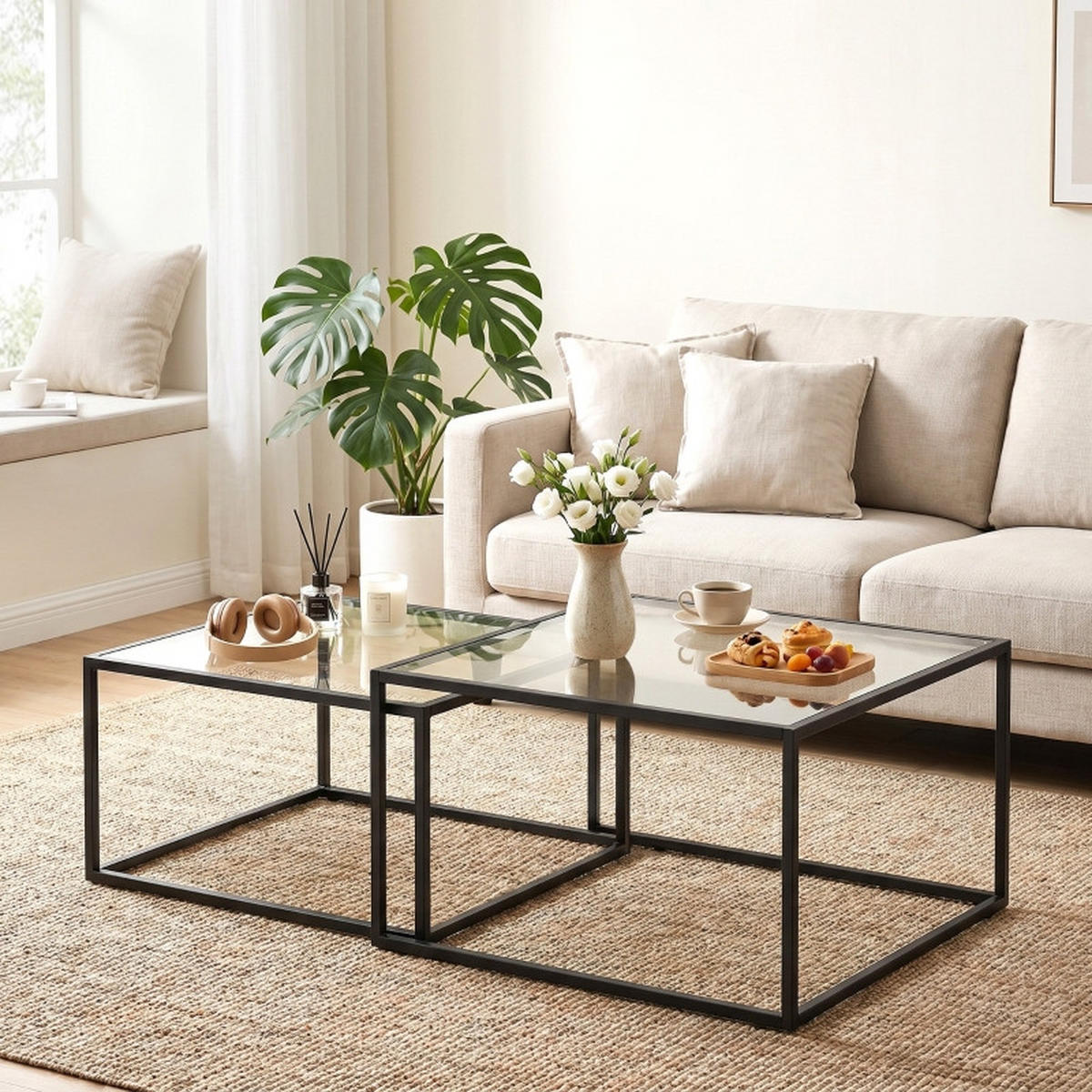 COUCHTISCH 2er-Set Runde Satztische mit Glasplatte DE-39930 Schwarz - Schwarz, Metall (75/75/42cm) - ComfortXL