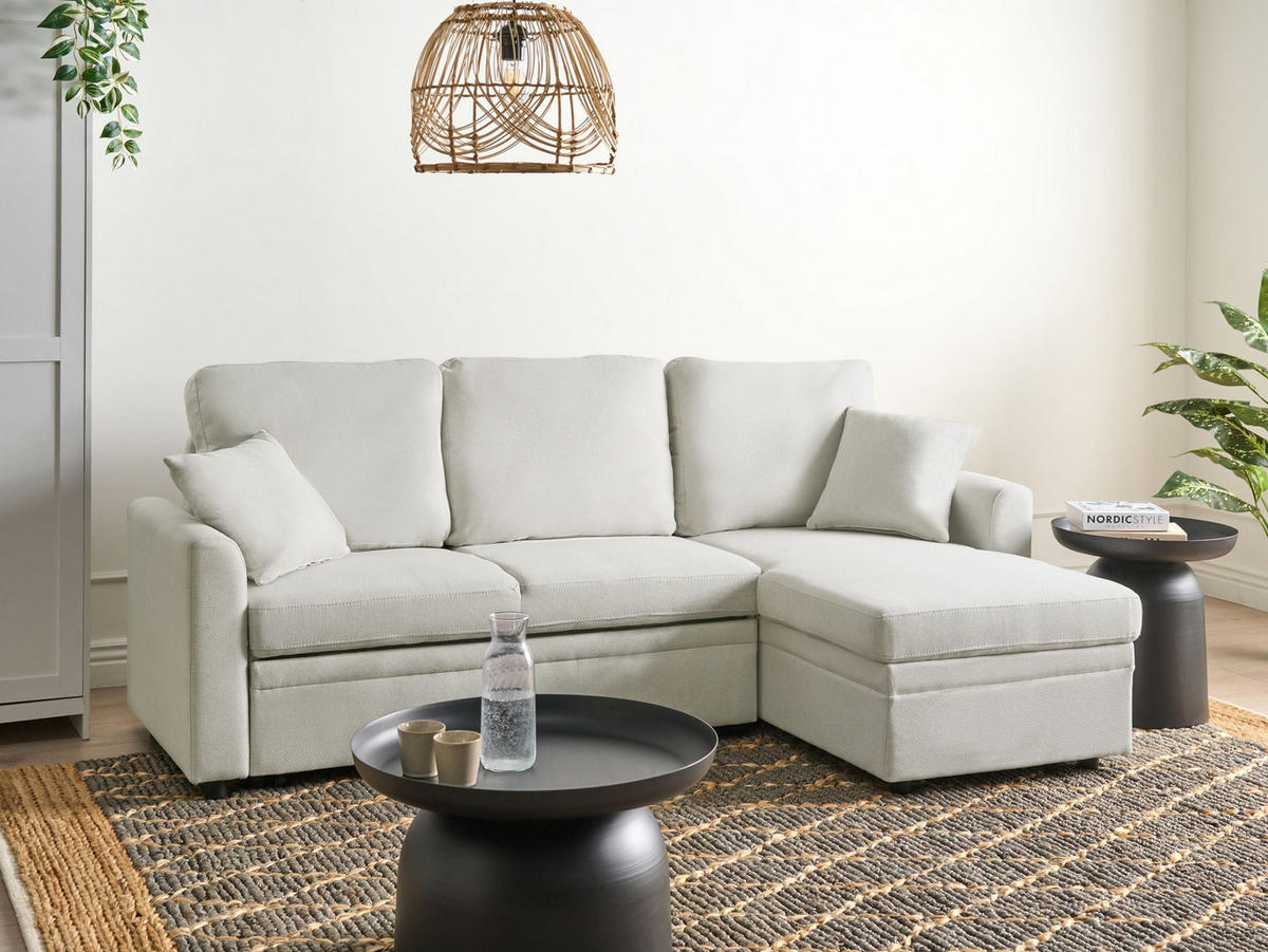ROZKLÁDACÍ ROHOVÁ POHOVKA 3-místná Umělý len Světle béžová levostranná Nassjo - béžová, textil (210/131cm) - Beliani