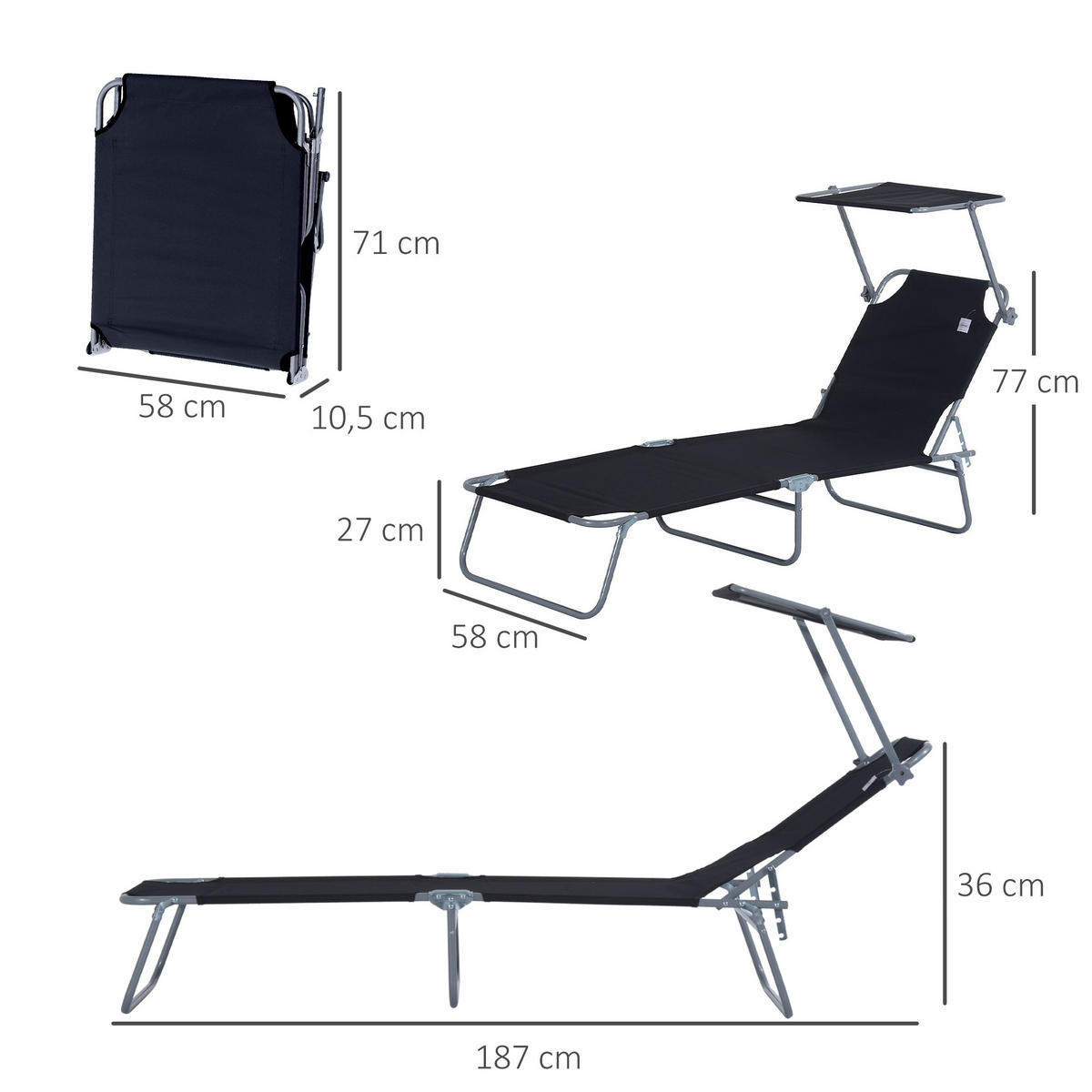 SONNENLIEGE mit Sonnenschutz, Schwarz - Schwarz, Textil/Metall (58/27/187cm) - Outsunny