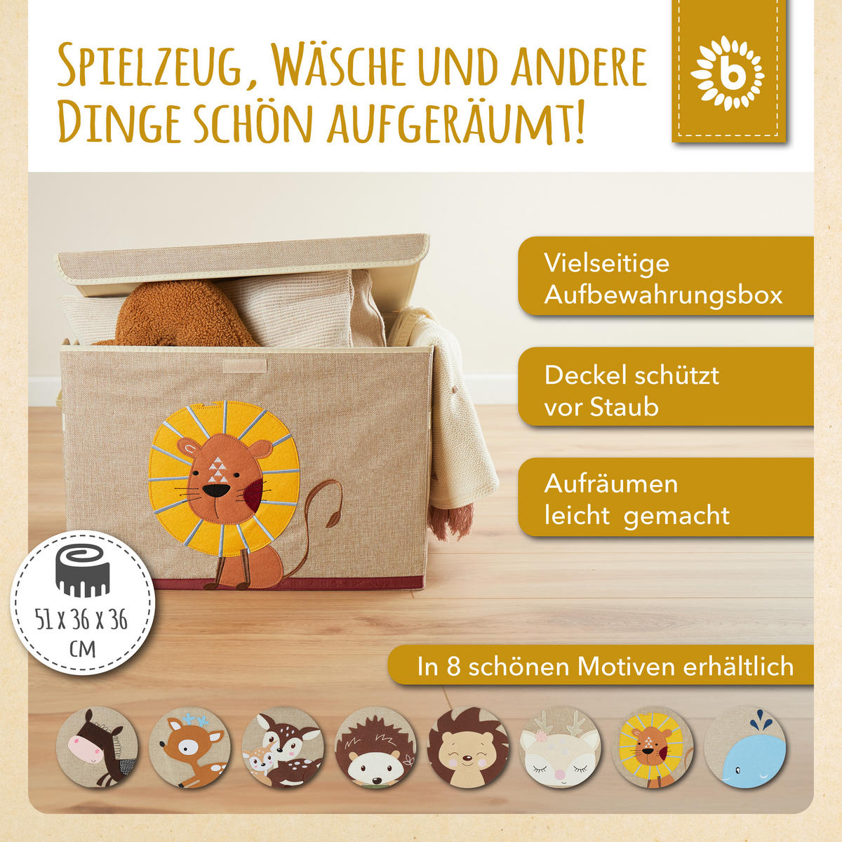 AUFBEWAHRUNGSBOX mit Deckel 65L, faltbar - Beige/Gelb, Textil (51/36cm) - Bieco Spielwaren