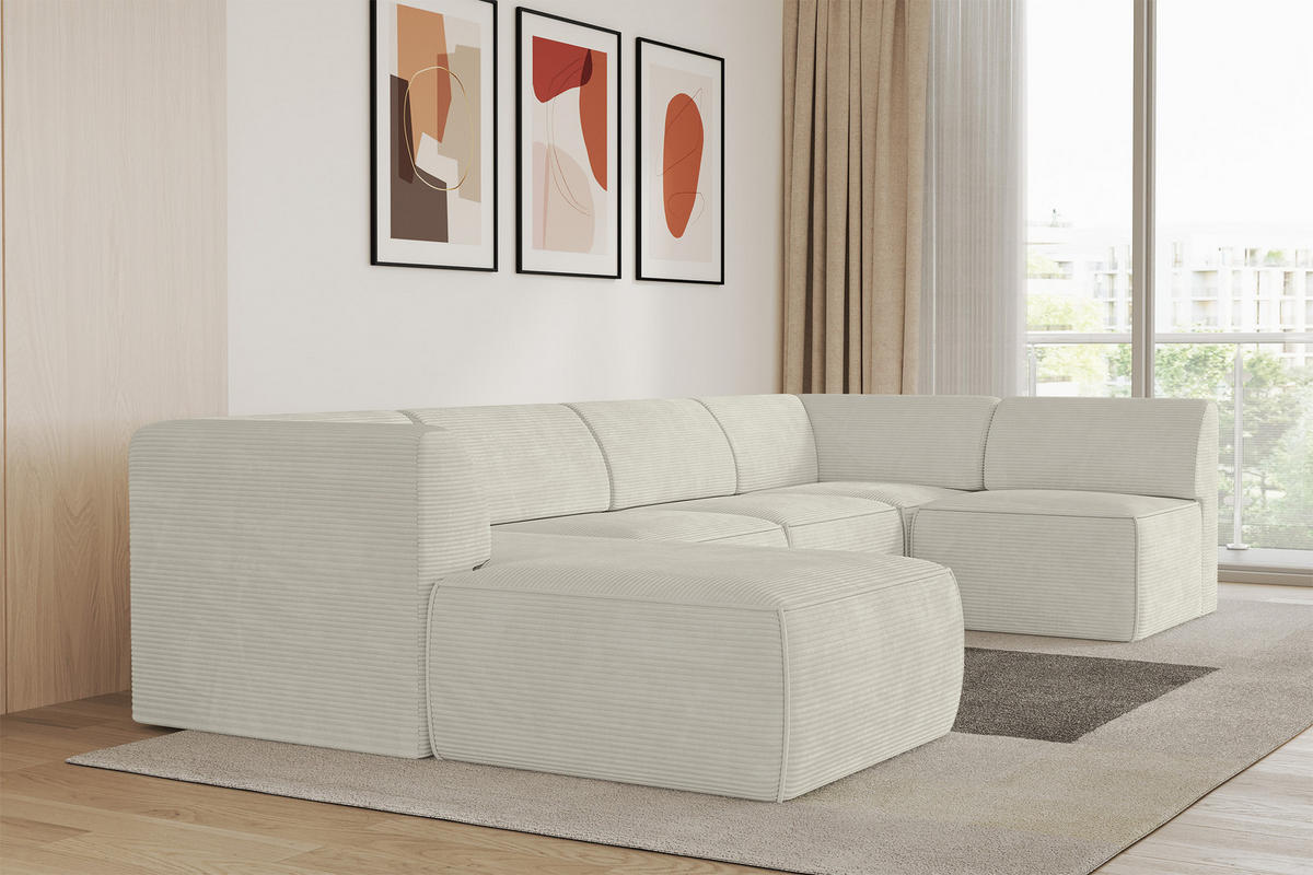 WOHNLANDSCHAFT Ottomane Links MOVO-L 345x180x78 cm Cream Cord - Creme, Holzwerkstoff/Kunststoff (345/78/180cm) - ALTDECOR
