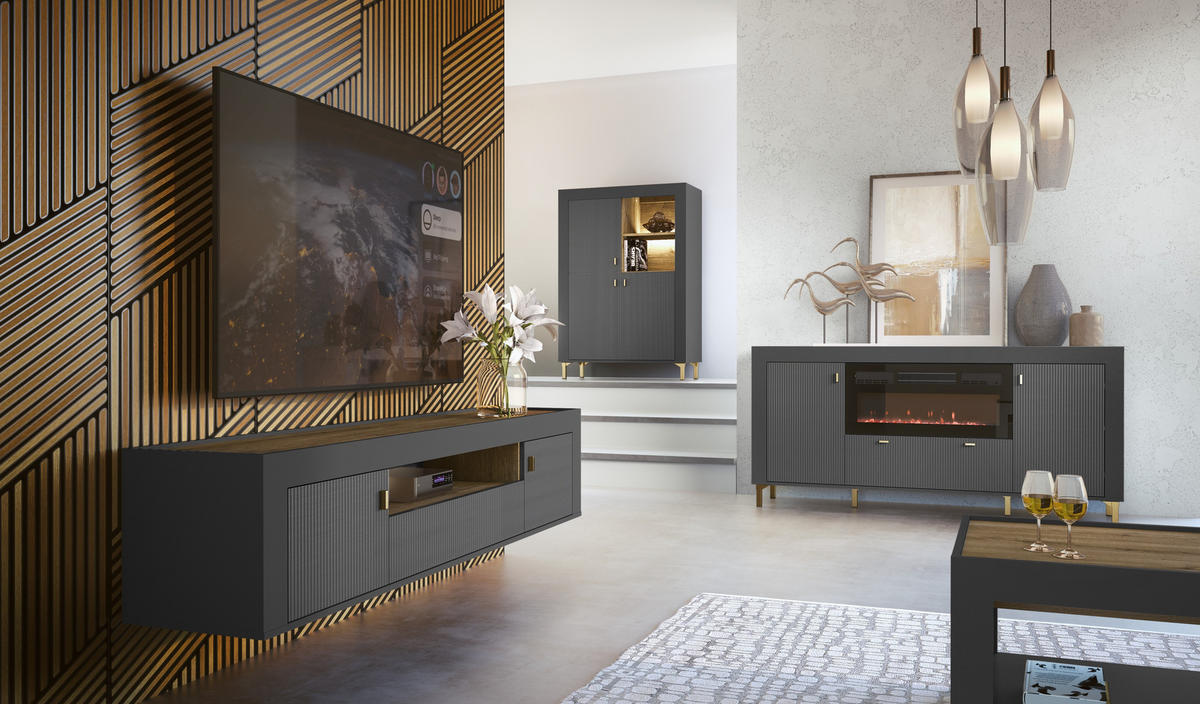 TV-SCHRANK Mossa Schwarz - Goldfarben/Schwarz, Holzwerkstoff (177/52/40cm) - Bettso