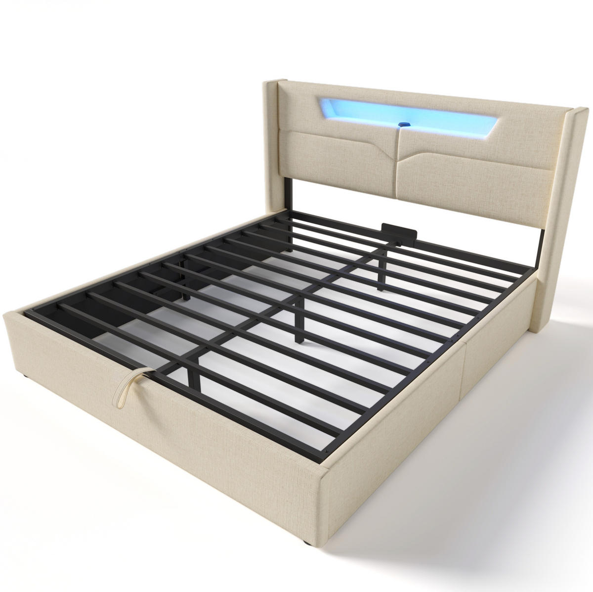 POLSTERBETT mit LED-Beleuchtung 160/200 cm mit Bettkasten, USB-C und gepolstertem Kopfteil - Beige, Textil (160/200cm) - BEAOK