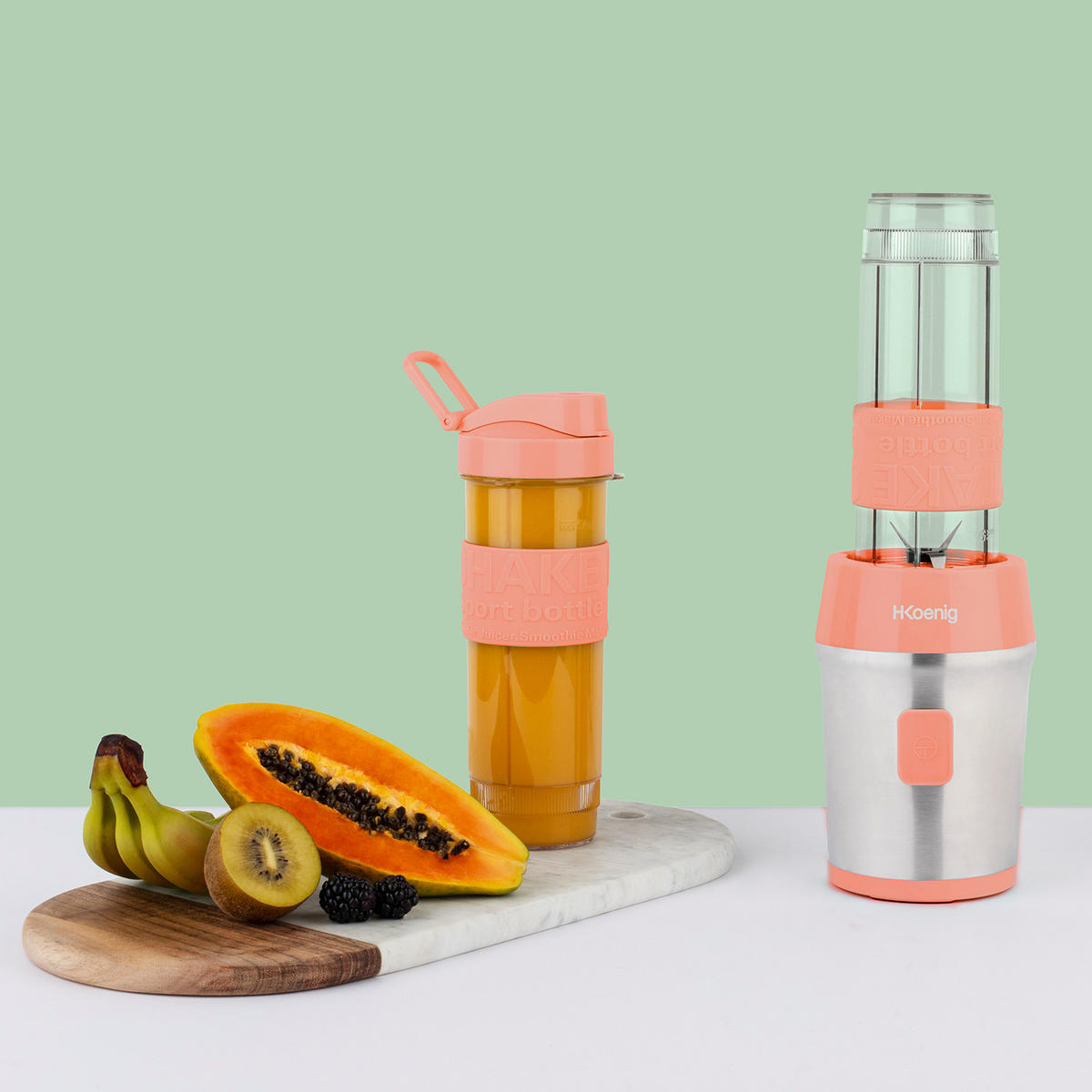 SMOOTHIE Maker SMOO10 Koralle, 570ml, BPA-frei, 2 tragbare Flaschen, Edelstahlklingen, 300W - Rosa, Metall (11.3/35/15cm) - HKoenig