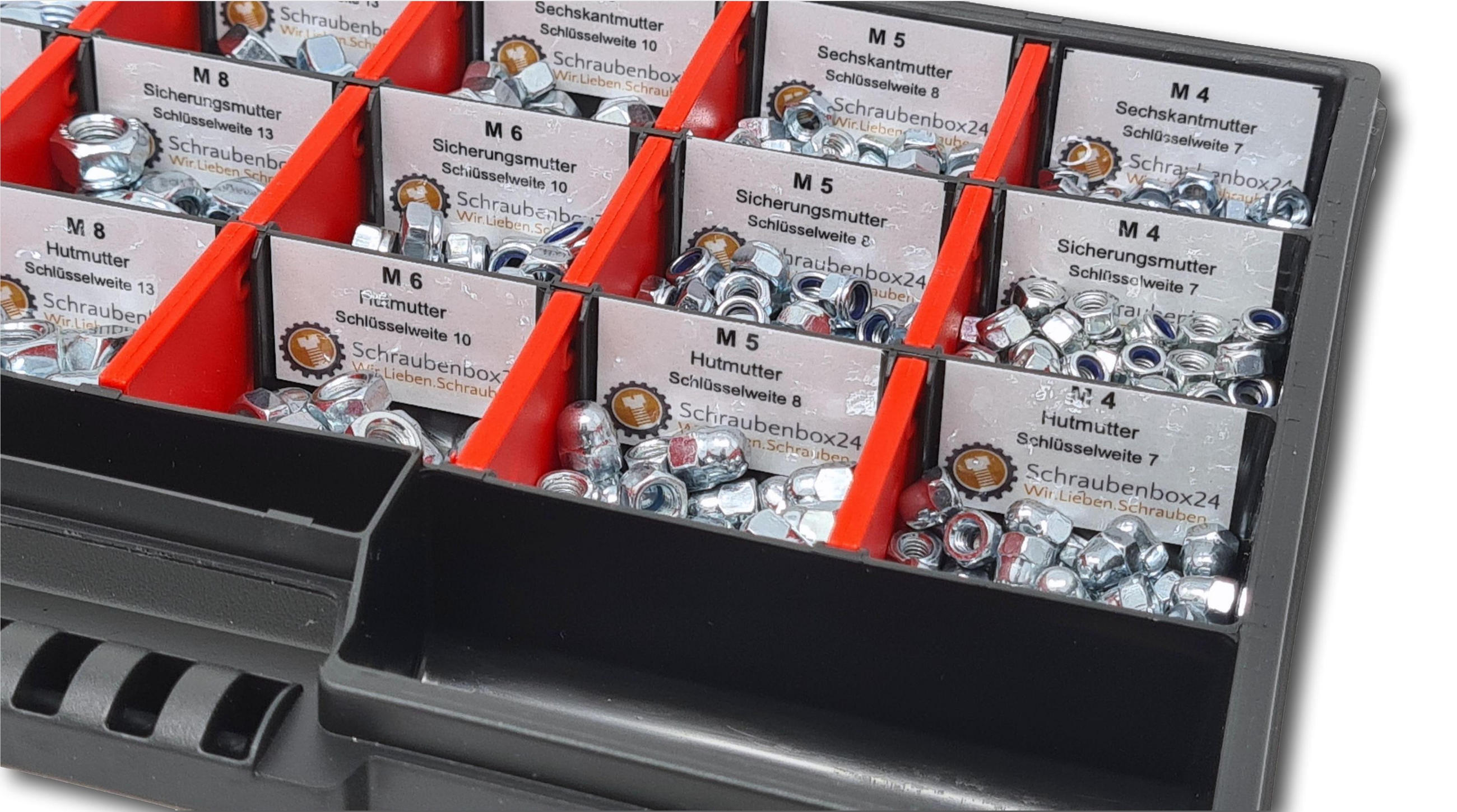 MUTTERN Sortiment M4-M5-M6-M8-M10-M12 554 tlg. Schraubenbox - Zinkfarben, Metall (3.5cm) - Schraubenbox24