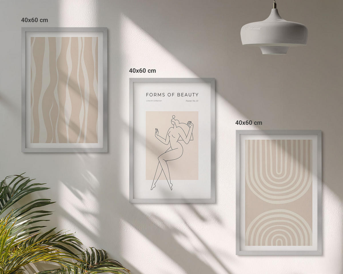 BILDER SET 3er Set - 40x60 cm Silberner Rahmen - Abstrakte Boho-Dekorationen - Silberfarben, Kunststoff (40/60cm) - TULUP