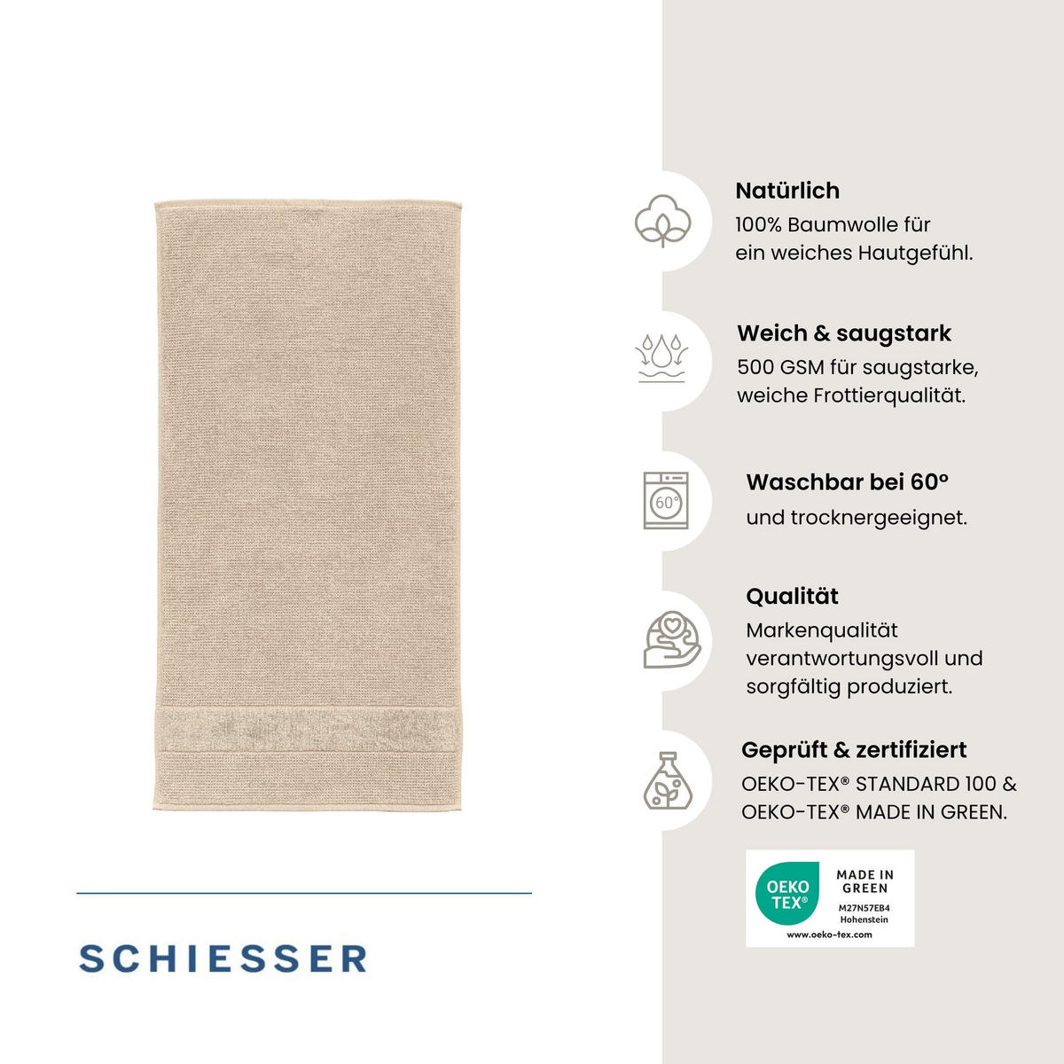 DUSCHTUCHSET Turin - 2-teilig - 70x140 cm - Sand - Sandfarben, Textil (70/140cm) - SCHIESSER