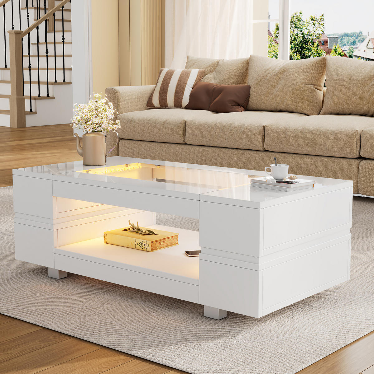 COUCHTISCH, mit LED-App-Steuerung, Glasplatte & 2 Ebenen Stauraum, 100/50/35 cm, weiß - Weiß, Holzwerkstoff (100/50/35cm) - Redom