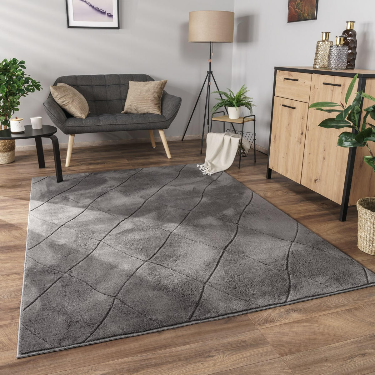 KURZFLORTEPPICH Waschbar, mit Rauten-Struktur, Anthrazit, 60 x 100 cm - Anthrazit, Textil (60/100cm) - KADIMA DESIGN