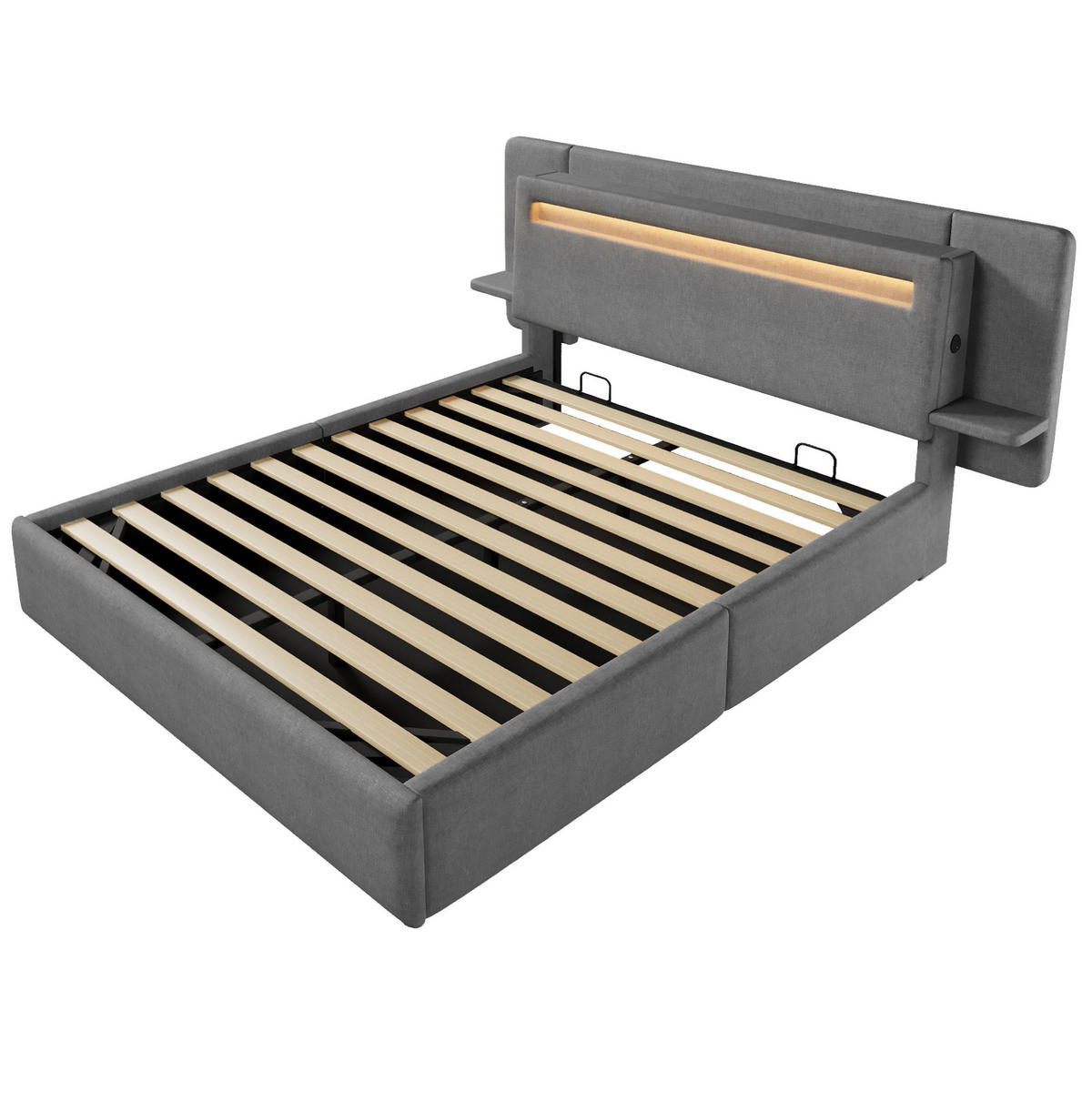 POLSTERBETT aus MDF und Leinen 140x200 cm Grau mit Bettkasten, LED-Beleuchtung, Nachttisch und USB-Anschluss - Grau, Textil (140/200cm) - Modfu