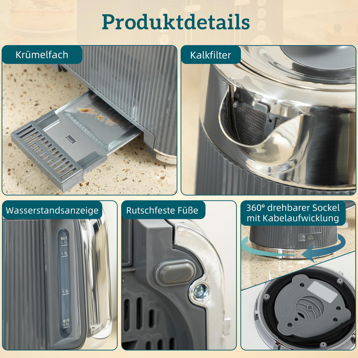 TOASTER mit Wasserkocher DE-07928 Grau - Grau, Metall (15.5/25.5/21.2cm) - ComfortXL