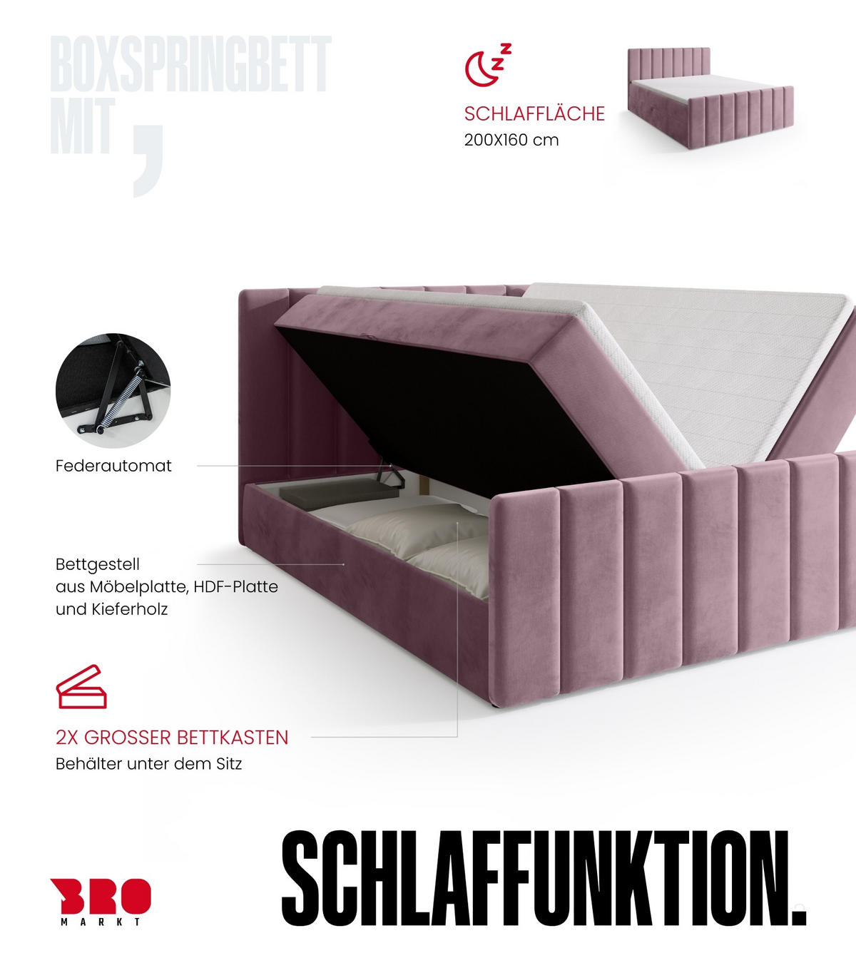 BOXSPRINGBETT Denver DUO mit Topper 160x200 Puderrosa - Rosa, Textil (160/200cm) - Bromarkt