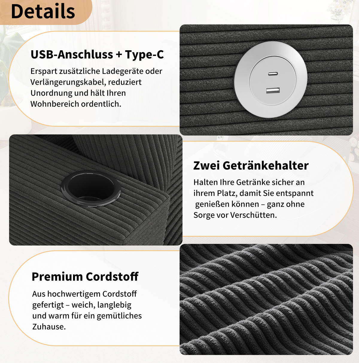 2-SITZER Schlafsofa Cord mit USB-Anschluss und Getränkehaltern Grau 163/140/82 cm - Grau, Textil (140/82/163cm) - Redom