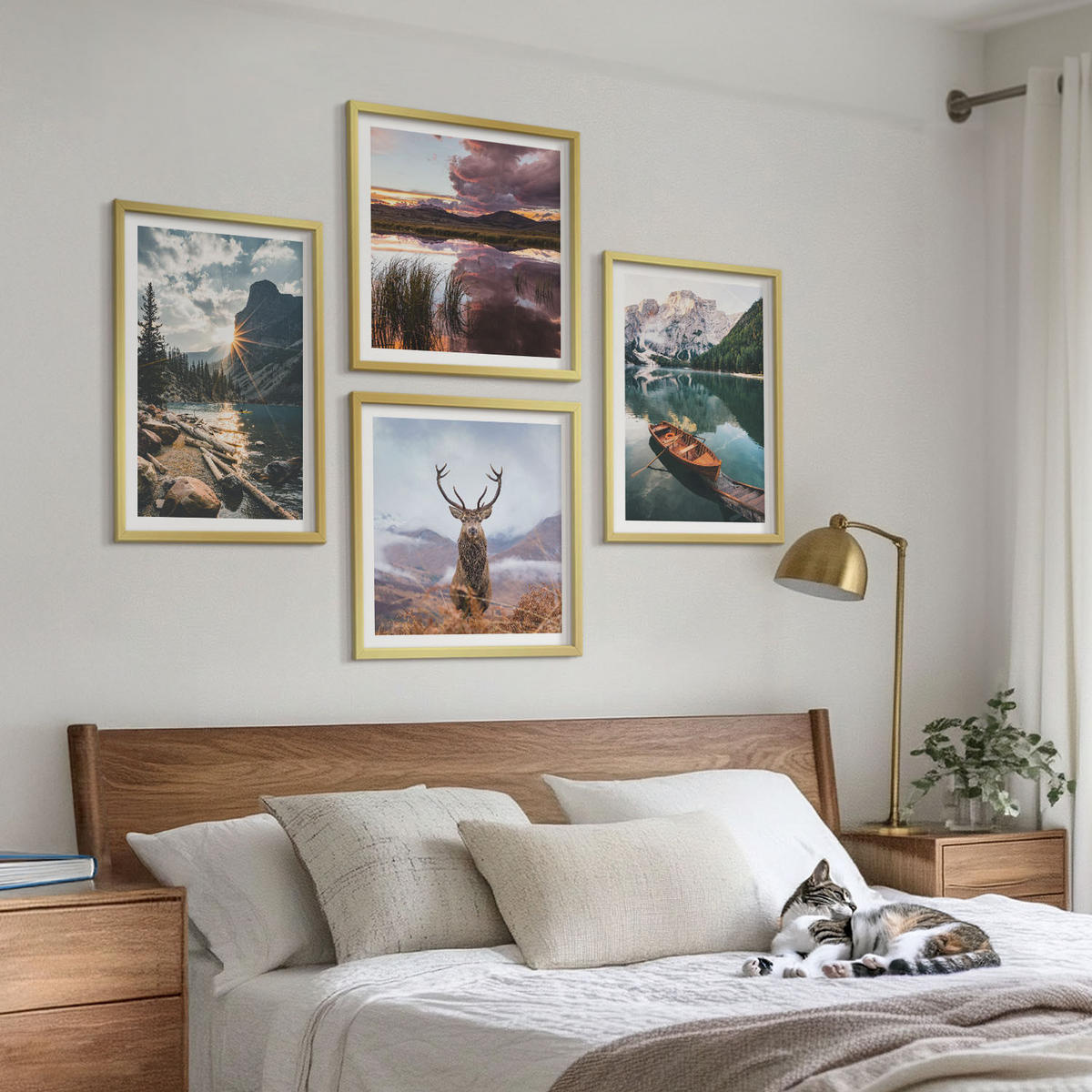 BILDER SET 4er Set - 50x50 cm & 40x60 cm Goldrahmen - Bergsee, Bootsfahrt, Sonnenuntergang, Hirsche - Goldfarben, Kunststoff (50/50cm) - TULUP