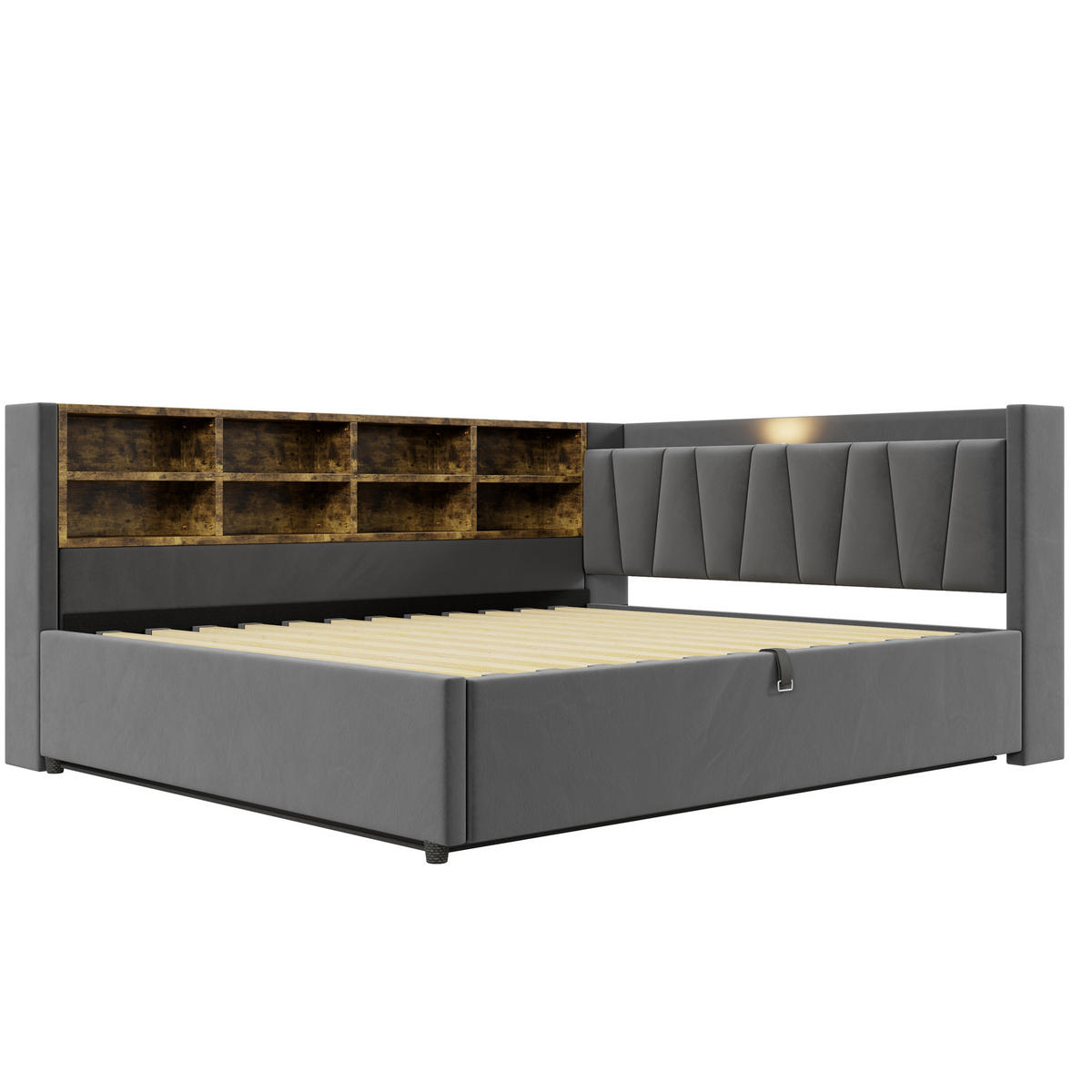 SCHLAFSOFA 140/200 cm in Dunkelgrau Samt mit Bettkasten, LED, USB, Type-C und Ablagen - Dunkelgrau, Holzwerkstoff/Textil (140/200cm) - WISHDOR