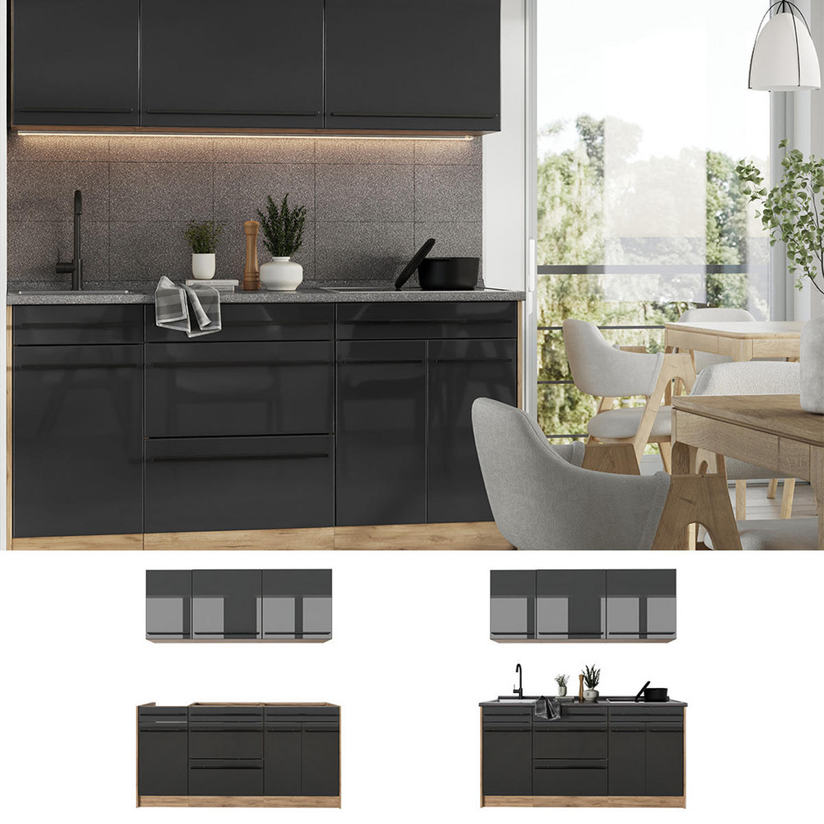 SINGLEKÜCHE R-Line, Anthrazit Hochglanz/Goldkraft Eiche, 160 cm Arbeitsplatte Goldkraft Eiche - Honigeiche/Schwarz Hochglanz, Holzwerkstoff (160/81.6/60cm) - Vicco