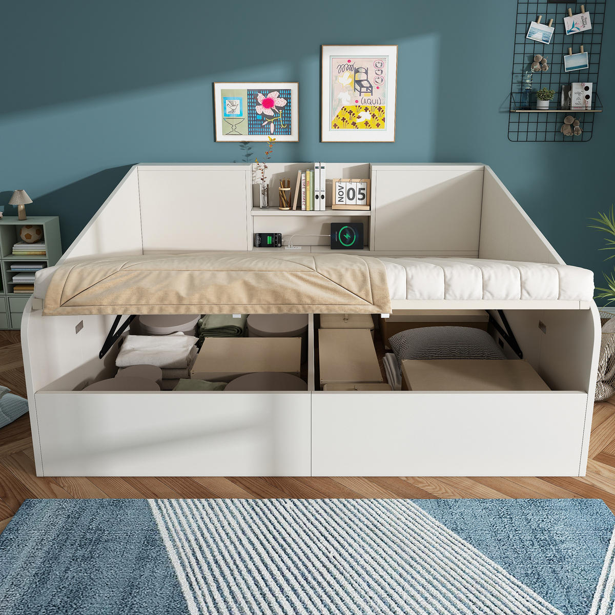 POLSTERBETT 140/190 cm in Weiß mit Stauraum, Lattenrost und USB/Type-C-Ladestation - Weiß, Textil (140/190cm) - BEAOK