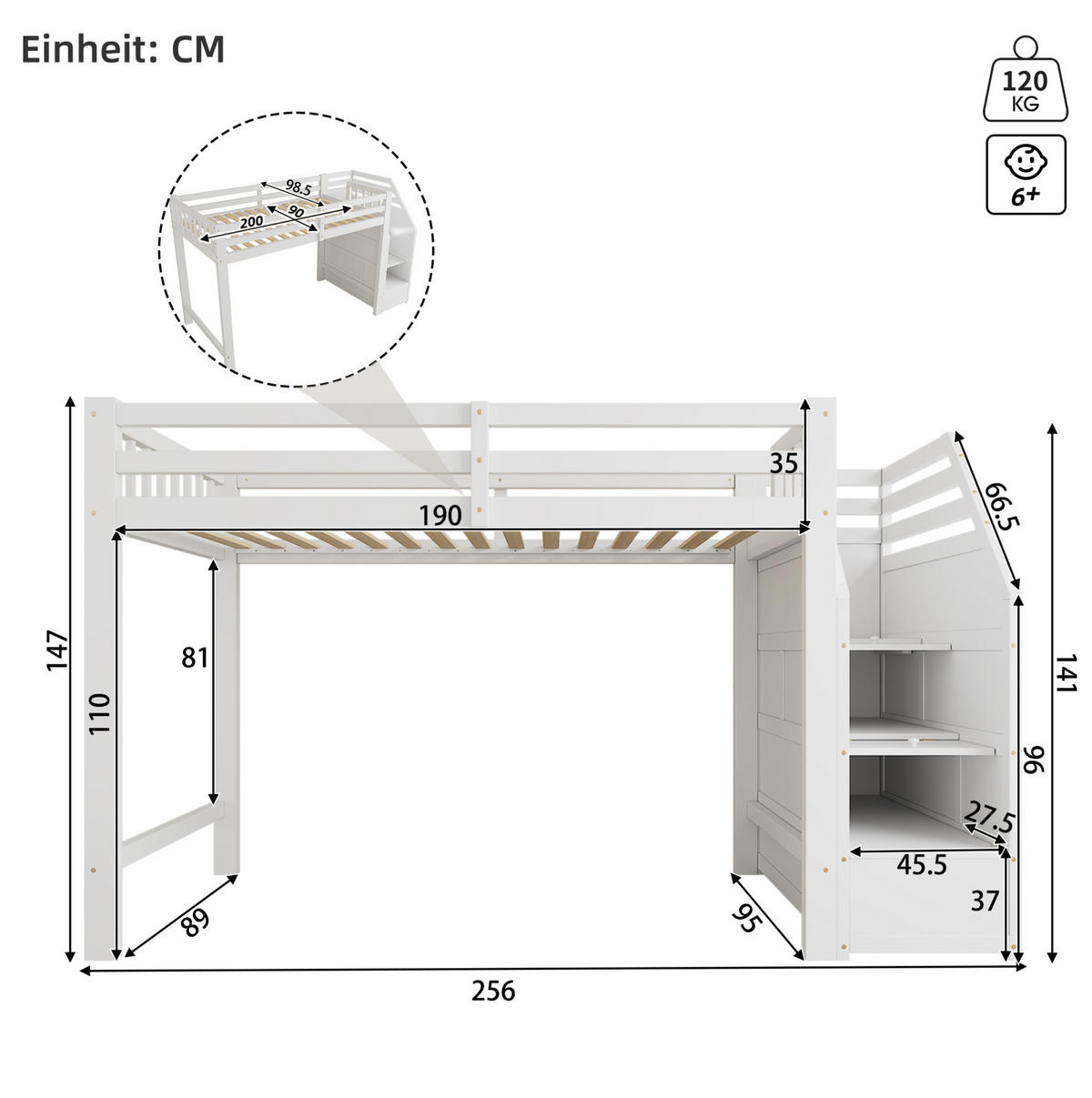 HOCHBETT 90/200 cm aus Kiefer und MDF mit Stauraumtreppe Weiß - Weiß, Holz (90/200cm) - Modenvie