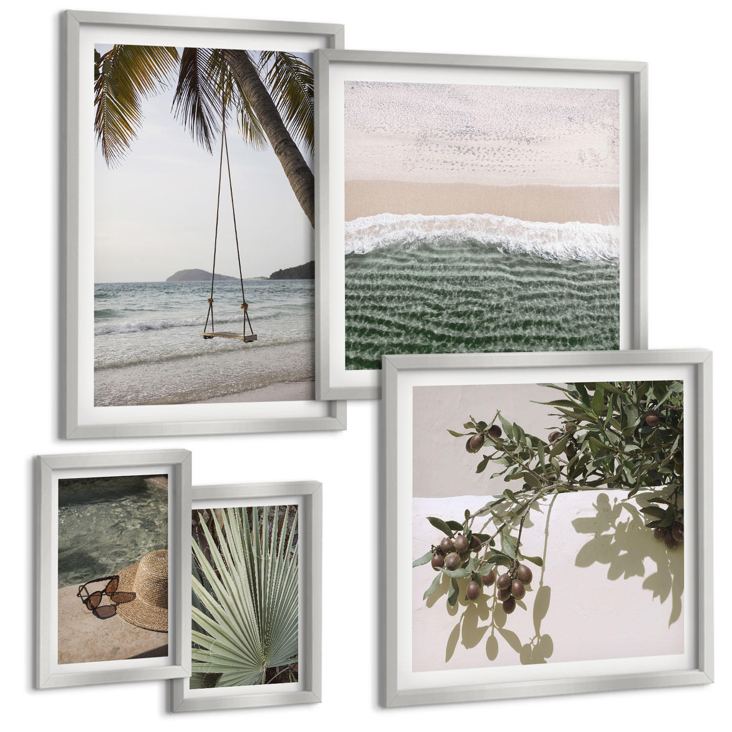 BILDER SET 5er Set - 50x50 cm & 20x30 cm & 40x60 cm Silberner Rahmen - Strandschaukel-Blätterurlaub - Silberfarben, Kunststoff (40/60cm) - TULUP