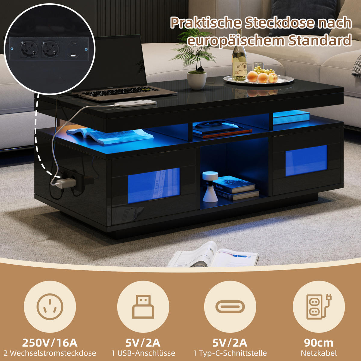 KLUBSKA miza iz ivernih plošč, 100/50/43 cm črna, z LED osvetlitvijo in polnjenjem - črna, leseni material (100/50/43cm) - BEAOK