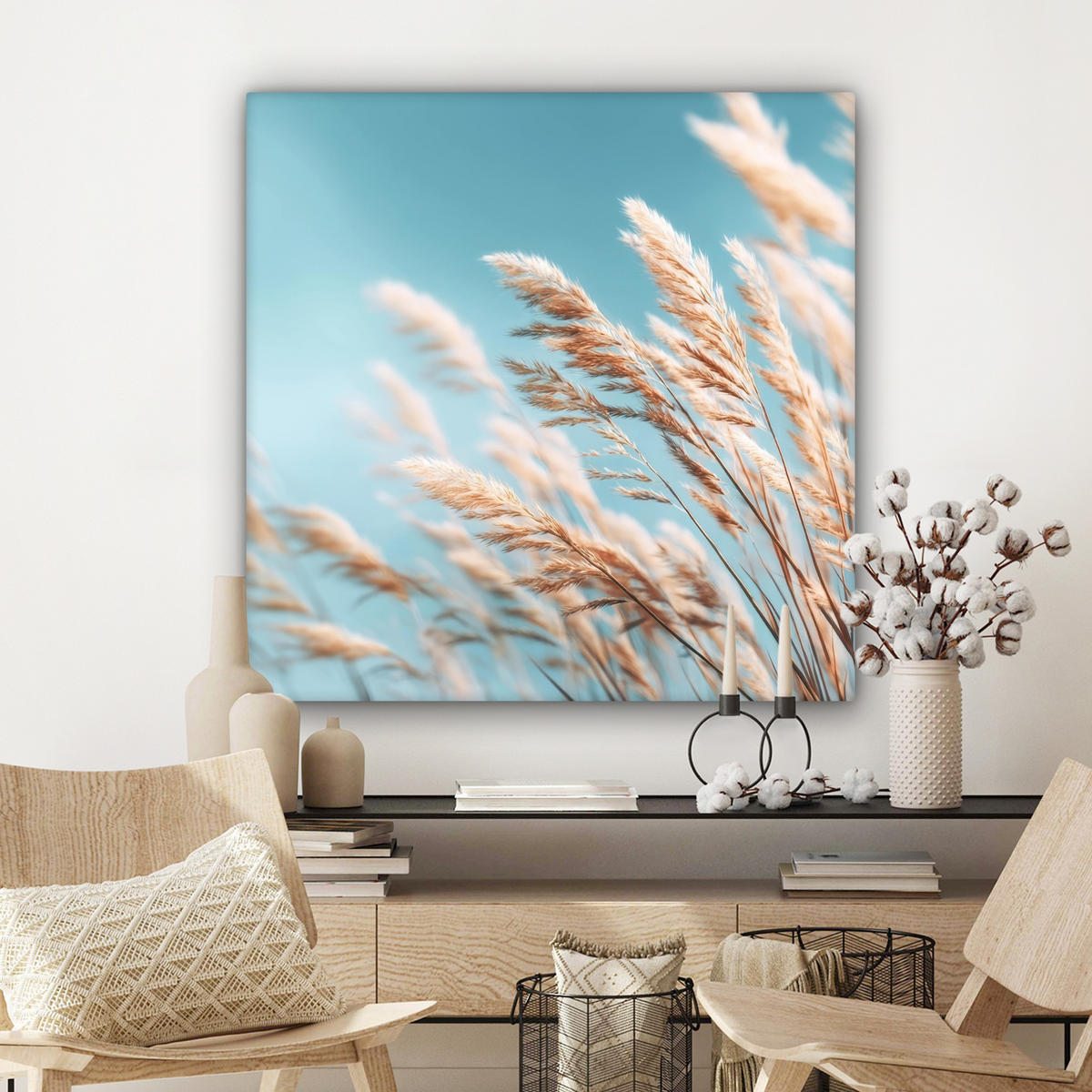 LEINWANDBILD Ziergras - Wind - Hellbraun Deko Groß 90x90 cm - Hellblau, Textil (90/90cm) - MuchoWow