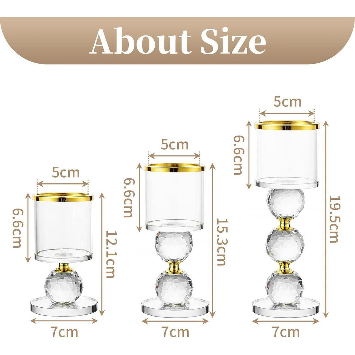 KERZENSTÄNDER 3-teiliges Set Kristall Gold - Goldfarben, Glas (7/19.5/7cm)