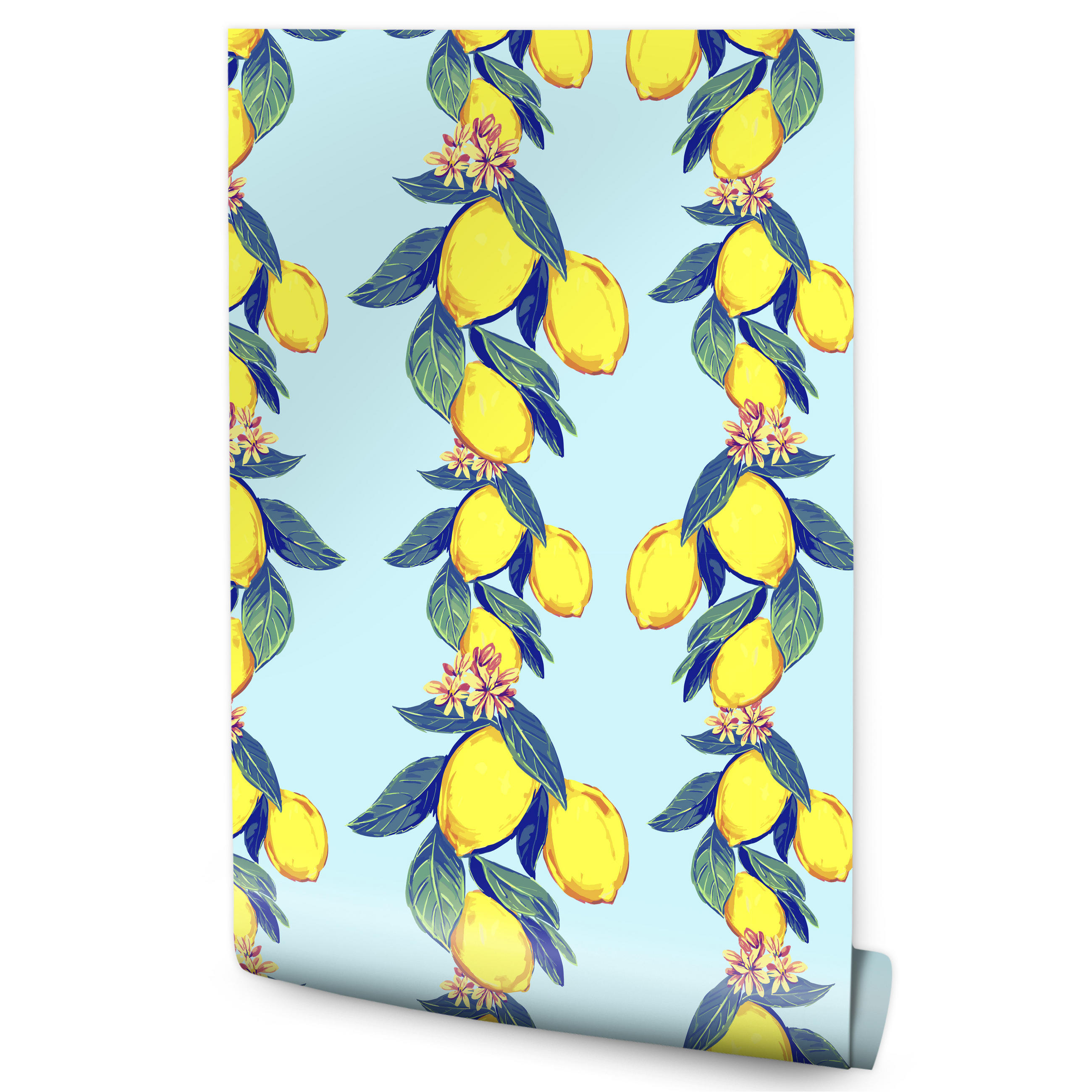 VLIESTAPETE Zitronen und Blüten – Gelb, Blau, Hellblau – 50x1000 cm - Blau/Gelb, Papier (50/1000cm) - Muralo
